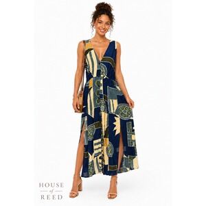 Serendipity Maui Batik Maxi Dress Blue Abstract Geometric Lace Up Back Rayon L